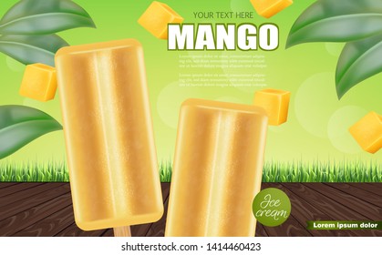 Mango ice cream Vector realistic. Fresh delicious iace cream dessert. Tropic background. Detailed elements. 3d illustration