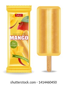 Mango ice cream Vector realistic. Fresh delicious iace cream dessert on a stick. Detailed elements. 3d illustration