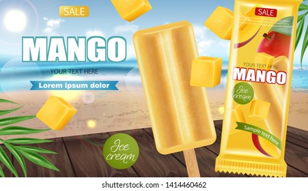 Mango ice cream Vector realistic. Fresh delicious iace cream dessert. Tropic background. Detailed elements. 3d illustration