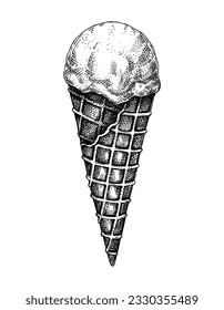Mango ice cream in waffle sketch. Summer dessert vector illustration isolated on white background. Tropical sorbet drawing. Hand-drawn sweet food design element 