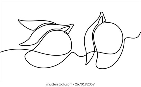 Ícone de manga contínua uma linha desenhando ilustração vetorial. Ilustração artística de desenho de uma linha com manga orgânica, desenho contínuo de uma linha de manga com folha. Desenho contínuo de uma linha.