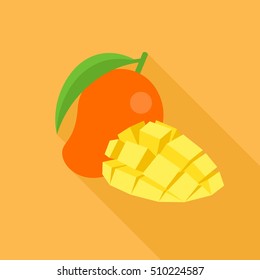 Mango icon and piece of sliced mango with long shadow, flat design vector