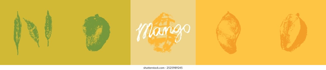 Conjunto de iconos de mango. Dibujos de carbón. Señales de Mango Orgánico. Símbolo de fruta tropical. Vector bocetos de fruta exótica. Letras de mano Emblema de mangos. Ilustración de frutas de mangos asiáticos. Símbolos de mango de carabao.