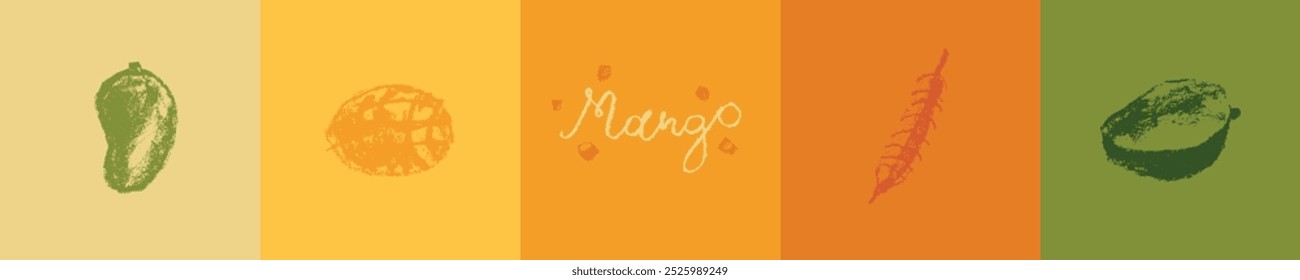 Conjunto de iconos de mango. Dibujos de carbón. Señales de Mango Orgánico. Símbolo de fruta tropical. Vector bocetos de fruta exótica. Letras de mano Emblema de mangos. Ilustración de frutas de mangos asiáticos. Símbolos de mango de carabao.
