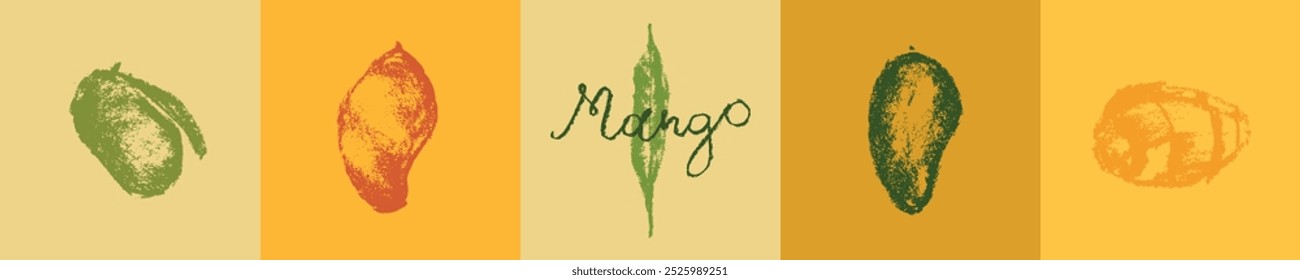 Mango icon set. Charcoal drawings. Organic Mango signs. Tropical fruit symbol. Vector sketches of Exotic fruit. Hand lettering Mangoes emblem. Asian Mangos fruit illustration. Carabao mango symbols.