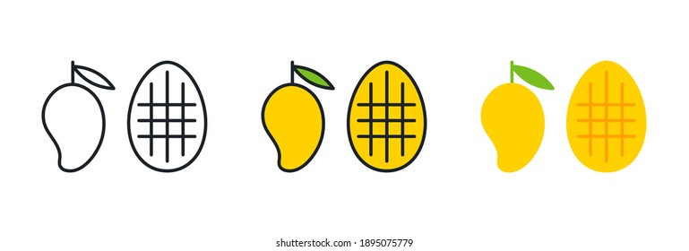 Mango icons. Linear color icon, contour, shape, outline. Thin line. Modern minimalistic design. Vector set. Illustrations of fruits