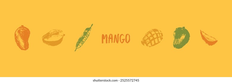 Ícones de manga ajustados. Desenhos a carvão. Placas orgânicas de manga. Símbolo de fruta tropical. Esboços vetoriais de fruto exótico. Mango emblema com letras. Ilustração de frutas Mangos asiáticos. Símbolos de manga Carabao.