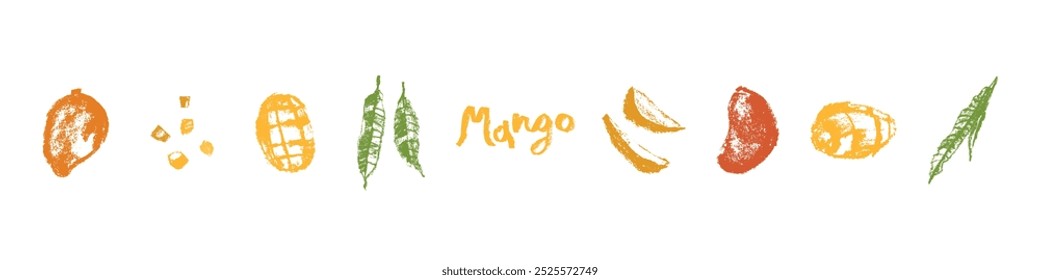 Mango icons set. Charcoal drawings. Organic Mango signs. Tropical fruit symbol. Vector sketches of Exotic fruit. Hand lettering Mangoes emblem. Asian Mangos fruit illustration. Carabao mango symbols.