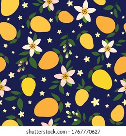 Mango illustration with flowers and leaves saturated, blue background colorful seamless pattern