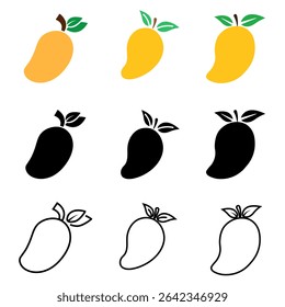 Mango illustrations in three color variations yellow, black and white arranged in a balanced composition, perfect for tropical fruit designs, summer themes, and food related graphic projects.