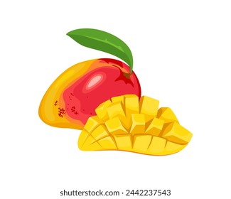 Mango aislado sobre fondo blanco. Ilustración de dibujos animados de frutas jugosas tropicales.