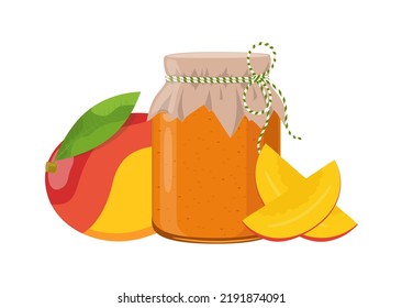 Mango jam or confiture jar in rustic style, homemade fruit berry preserve, vector illustration on white background
