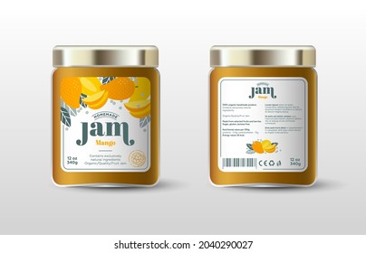 Mango jam. Label for jar and packaging. Whole and cut fruits, leaves and flowers, text, stamp(sugar free).