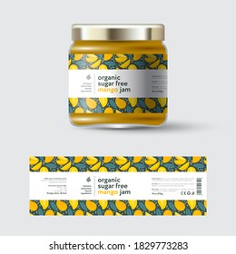 Mango Jam label and packaging. Jar with cap with label. White strip with text and on seamless pattern with fruits, flowers and leaves.