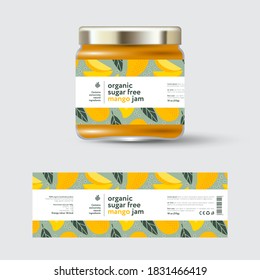 Mango Jam label and packaging. Jar with cap with label. White strip with text and on seamless pattern with fruits, flowers and leaves.