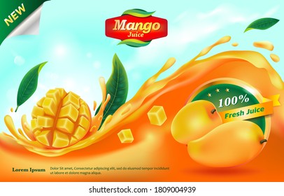 Mango Juice 3d Vector Mango Fruit Mango Sliced Mango  Cubes Advertising Illustration