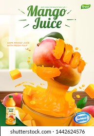 Mango juice ads with liquid hand grabbing fruit from a glass cup in 3d illustration