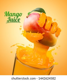 Mango juice ads with liquid hand grabbing fruit effect from glass cup in 3d illustration