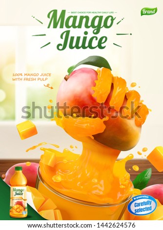 Mango juice ads with liquid hand grabbing fruit from a glass cup in 3d illustration