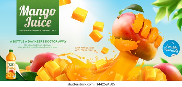 Mango juice banner ads with liquid hand grabbing fruit effect on blue sky background in 3d illustration