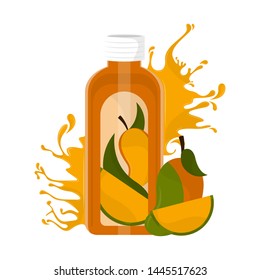 Mango juice bottle with splash and fruit - Vector