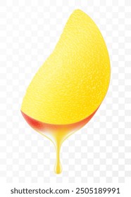 Mango juice dripping from fresh sliced mango, isolated on transparent background. Ripe mango with fresh juice. Bright exotic summer design. Realistic 3d vector illustration