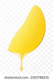Mango juice dripping from fresh sliced mango, isolated on transparent background. Ripe mango with fresh juice. Bright exotic summer design. Realistic 3d vector illustration