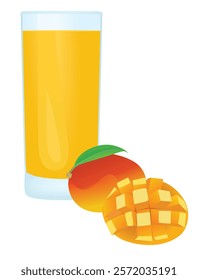 Mango juice with a fresh mango beside glass, vector