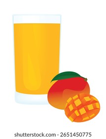Mango juice with a fresh mango beside glass, vector	
