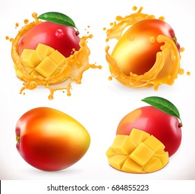 Mango juice. Fresh fruit, 3d realistic vector icon