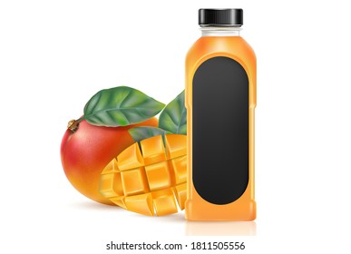 Mango juice fruits packaging mock up with slice and green leaf isolated on white background. Realistic vector in 3D illustration.