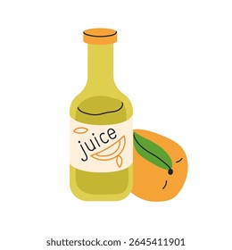 Mango juice in glass bottle. Tropical fruit beverage with sweet juicy flavor. Exotic natural lemonade, cold refreshing drink. Summer refreshment. Flat vector illustration isolated on white background