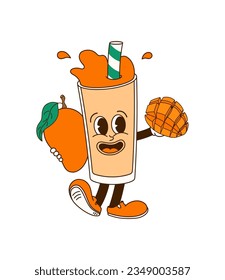 Caracter de vidrio de jugo de mango en estilo de caricatura cómica sobre fondo transparente. Dibujo a mano de una graciosa mascota de la bebida de fruta al estilo retro. Ilustración vectorial aislada