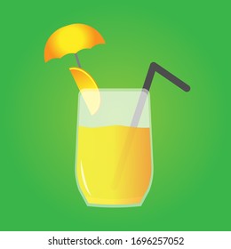 Mango Juice in a glass with umbrella and straw.
