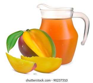 mango juice in a jug and a glass of fruit vector