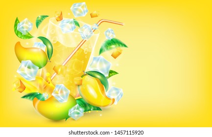 Mango juice with mangoes and ice floating in the air and leaf. Vector illustration.