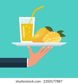 Mango juice on the waiter's tray in a glass bottle with straws. Mango fresh. Cocktail smoothie. Template for menu or banner for healthy eating. Drink for a healthy life. Vector flat design. 