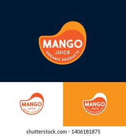 Mango juice organic products logo. Orange-yellow like drop form with letters on a different backgrounds. Label for packaging.