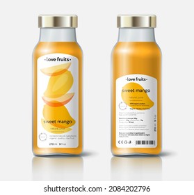 Empaque jugo de mango. Hermosa transparencia y frutos cortados. Plantilla de frasco con etiquetas faciales y traseras. 