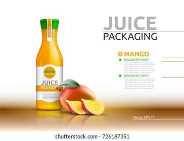 Mango juice packaging Realistic Vector mock up. Fruits juicy glass bottle advertise templates. 3d detailed element