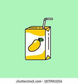 Mango juice with paper box package and straw vector illustration isolated on green background. Linear color style of Mango juice icon
