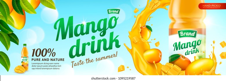 Mango juice in plastic bottle with fresh fruit and swirling liquid in 3d illustration, blue sky background