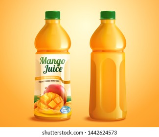 Mango juice product mockup with designed label in 3d illustration