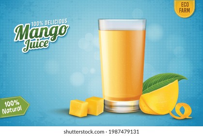 Mango-Saft und Scheiben-Vektorgrafik auf blauem Hintergrund
