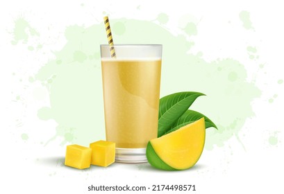 Mango Juice and slices vector illustration with mango leaves