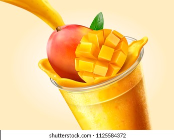 Mango juice or smoothie pouring into transparent takeaway cup in 3d illustration