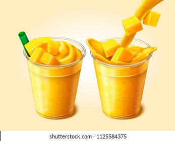 Mango juice or smoothie pouring into transparent takeaway cup in 3d illustration, set of fresh beverage