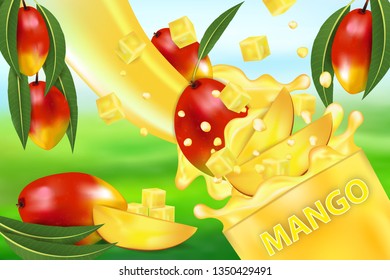 Mango juice and splash. Flow of liquid with drops and sweet tropical fruit 3d realistic vector illustration, package design or poster, advertising.
