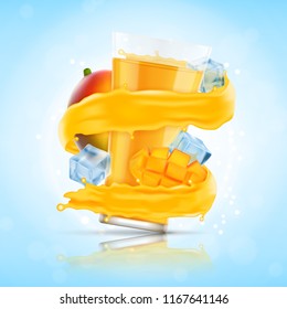 Mango juice splash with glass and ice cubes. Vector icon. EPS10