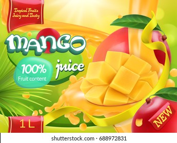 Mango juice. Sweet tropical fruits. 3d realistic vector, package design